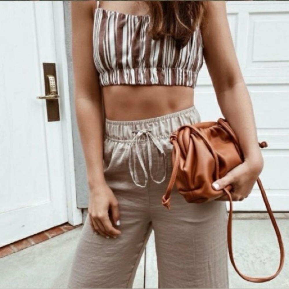 NWT Lemlem X H&M Crop Top Brown and White Stripe Adjustable Strap Sz L